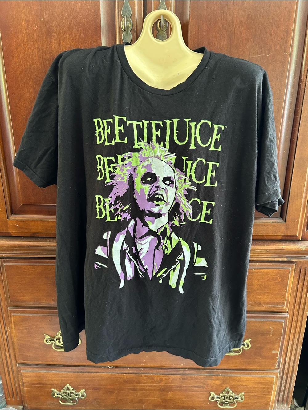 Beetlejuice Graphic Tee with Neon Green & Lavender Print